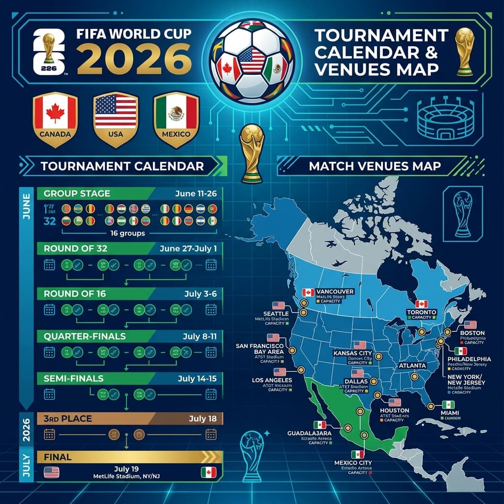 FIFA World Cup 2026 schedule and stadiums map illustration